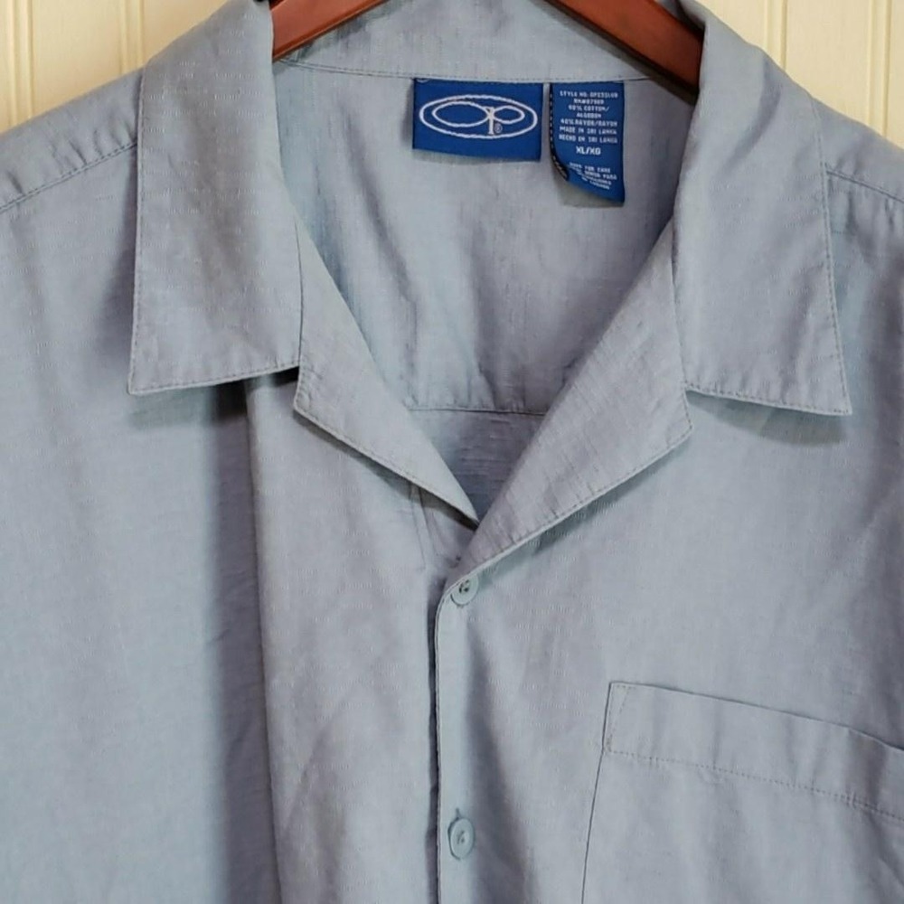 OP Shirt Mens XL Blue Solid Short Sleeve Button Up Pocket Cotton Rayon Casual